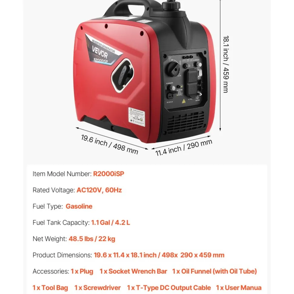 VEVOR Inverter Generator, 2900W Peak Watt Quiet Inverter Generator, Portable Inverters Generators for Home Use, Gas Powered, Compact and Lightweight Design - Stable Power, CO Sensor, Long Run Time