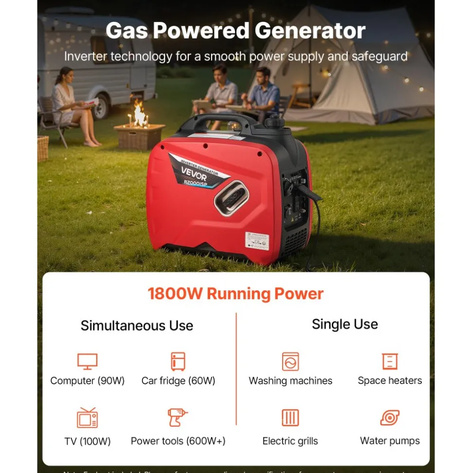 VEVOR Inverter Generator, 2900W Peak Watt Quiet Inverter Generator, Portable Inverters Generators for Home Use, Gas Powered, Compact and Lightweight Design - Stable Power, CO Sensor, Orange/Black