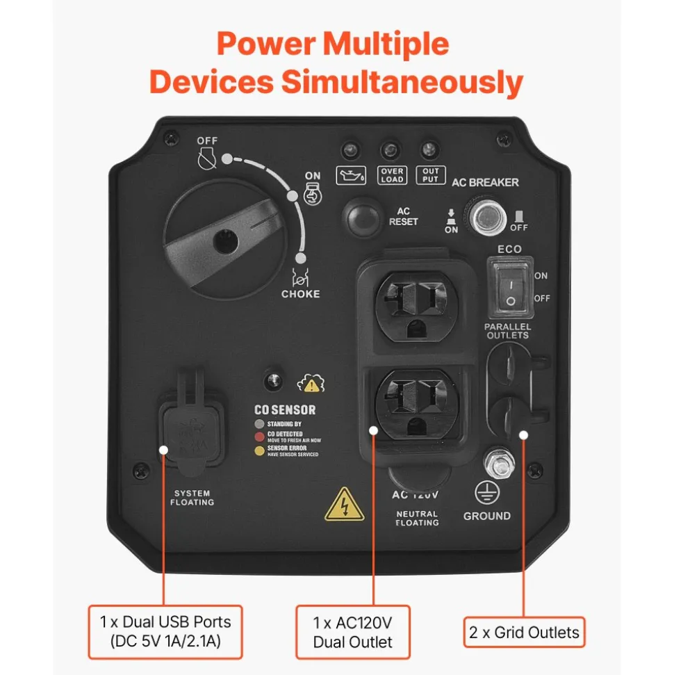 VEVOR Inverter Generator, 2900W Peak Watt Quiet Inverter Generator, Portable Inverters Generators for Home Use, Gas Powered, Compact and Lightweight Design - Stable Power, CO Sensor, Orange/Black