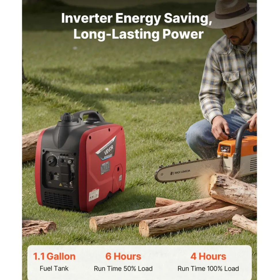 VEVOR Inverter Generator, 2900W Peak Watt Quiet Inverter Generator, Portable Inverters Generators for Home Use, Gas Powered, Compact and Lightweight Design - Stable Power, CO Sensor, Orange/Black
