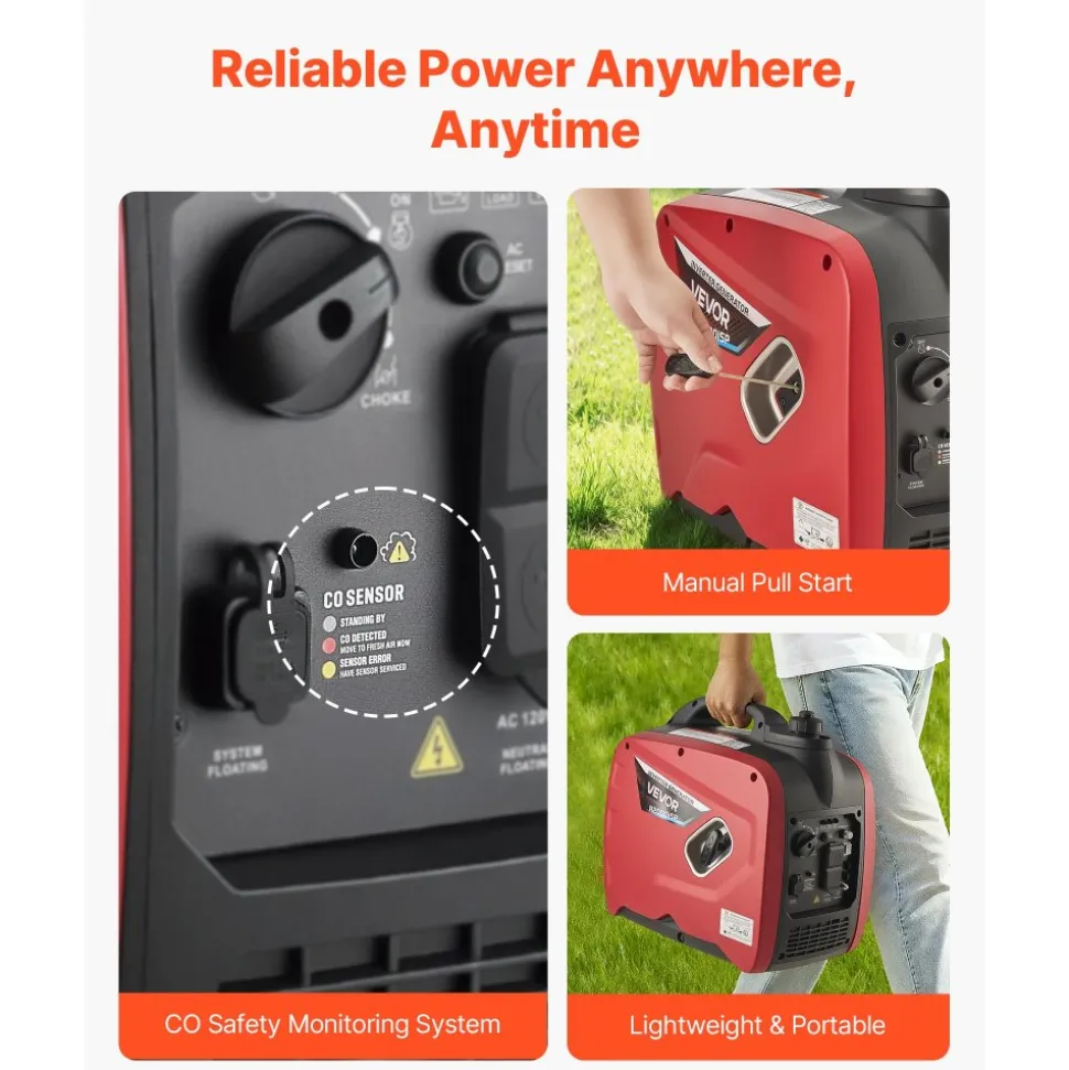 VEVOR Inverter Generator, 2900W Peak Watt Quiet Inverter Generator, Portable Inverters Generators for Home Use, Gas Powered, Compact and Lightweight Design - Stable Power, CO Sensor, Orange/Black