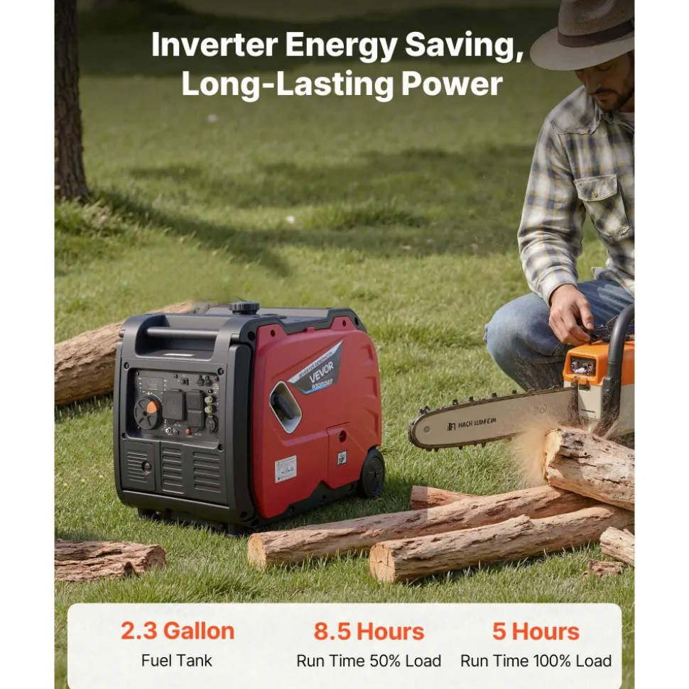 VEVOR Inverter Generator, 4200W Peak Watt Quiet Inverter Generator, Electric Start Inverters Generators for Home Outdoor, Gas Powered, Stable Power, CO Sensor, RV Ready 8.3A Outlet, Long Run Time