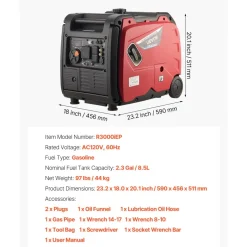 VEVOR Inverter Generator, 4200W Peak Watt Quiet Inverter Generator, Electric Start Inverters Generators for Home Outdoor, Gas Powered, Stable Power, CO Sensor, RV Ready 8.3A Outlet, Long Run Time