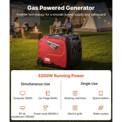 VEVOR Inverter Generator, 4200W Peak Watt Quiet Inverter Generator, Electric Start Inverters Generators for Home Outdoor, Gas Powered, Stable Power, CO Sensor, RV Ready 8.3A Outlet, Long Run Time