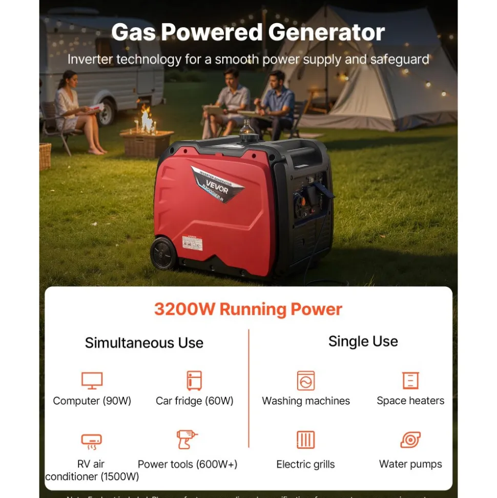 VEVOR Inverter Generator, 4200W Peak Watt Quiet Inverter Generator, Electric Start Inverters Generators for Home Outdoor, Gas Powered, Stable Power, CO Sensor, RV Ready 8.3A Outlet, Long Run Time