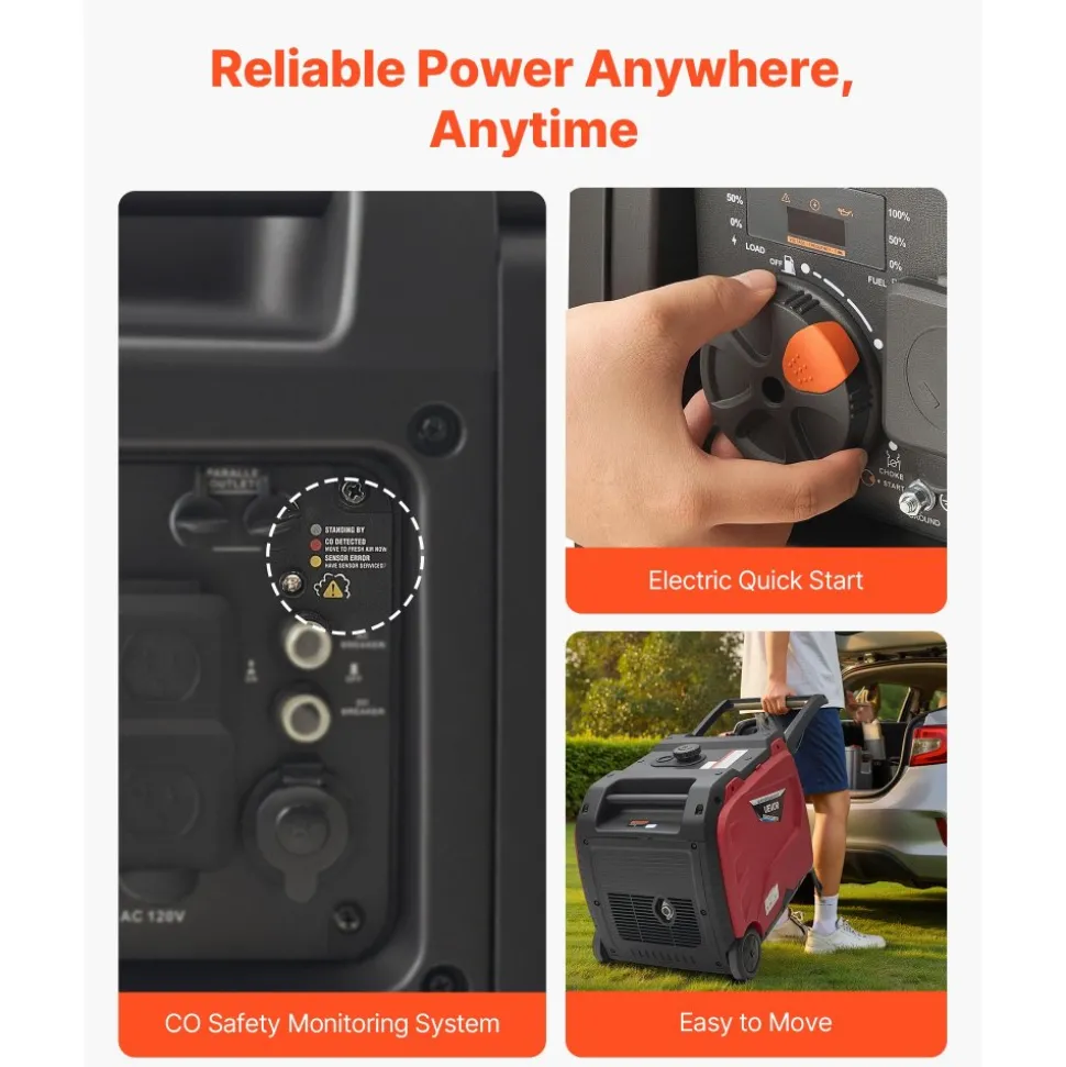 VEVOR Inverter Generator, 4200W Peak Watt Quiet Inverter Generator, Electric Start Inverters Generators for Home Outdoor, Gas Powered, Stable Power, CO Sensor, RV Ready 8.3A Outlet, Long Run Time