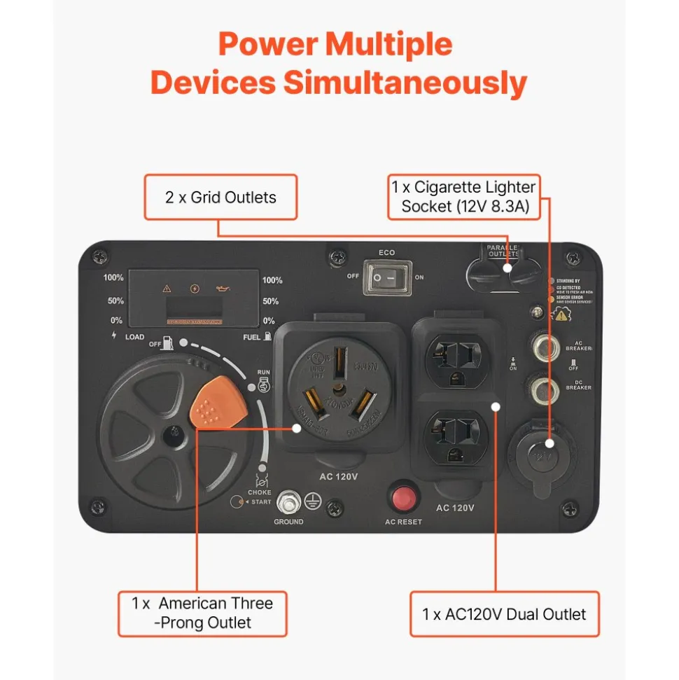 VEVOR Inverter Generator, 4200W Peak Watt Quiet Inverter Generator, Electric Start Inverters Generators for Home Outdoor, Gas Powered, Stable Power, CO Sensor, RV Ready 8.3A Outlet, Long Run Time