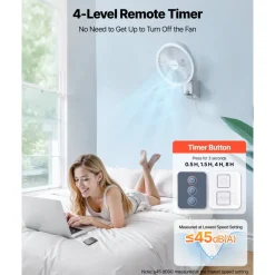VEVOR 8.5 in Wall Mount Fan, Oscillating Hanging Fan with Remote Control, 10 ft Powerful Airflow, DC Motor, 4 Speeds & Timer, Auto 90° Horizontal & Manual Vertical Tilt, Ideal for Home, Office, RV