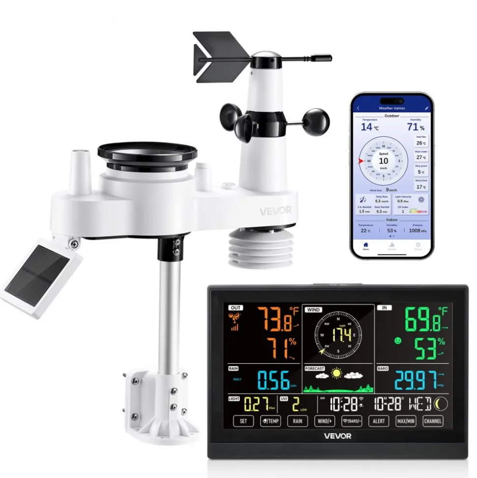 VEVOR 7-in-1 Wi-Fi Weather Station with APP, 7.5-Inch VA Display, Wireless Solar Powered Outdoor Sensor, Rain Gauge, Indoor Outdoor for Weather Forecast, Wind Speed, Temperature, Humidity, Rainfall