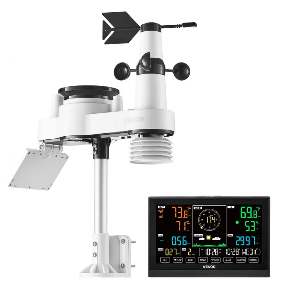 VEVOR 7-in-1 Wi-Fi Weather Station with APP, 7.5-Inch VA Display, Wireless Solar Powered Outdoor Sensor, Rain Gauge, Indoor Outdoor for Weather Forecast, Wind Speed, Temperature, Humidity, Rainfall