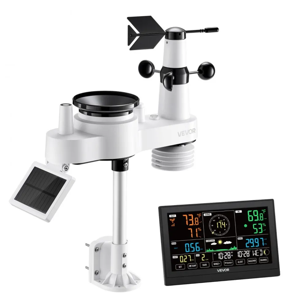 VEVOR 7-in-1 Wi-Fi Weather Station with APP, 7.5-Inch VA Display, Wireless Solar Powered Outdoor Sensor, Rain Gauge, Indoor Outdoor for Weather Forecast, Wind Speed, Temperature, Humidity, Rainfall