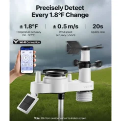 VEVOR 7-in-1 Wi-Fi Weather Station with APP, 7.5-Inch VA Display, Wireless Solar Powered Outdoor Sensor, Rain Gauge, Indoor Outdoor for Weather Forecast, Wind Speed, Temperature, Humidity, Rainfall