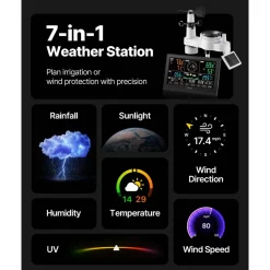 VEVOR 7-in-1 Wi-Fi Weather Station with APP, 7.5-Inch VA Display, Wireless Solar Powered Outdoor Sensor, Rain Gauge, Indoor Outdoor for Weather Forecast, Wind Speed, Temperature, Humidity, Rainfall