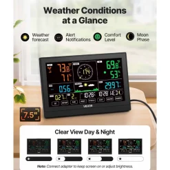 VEVOR 7-in-1 Wi-Fi Weather Station with APP, 7.5-Inch VA Display, Wireless Solar Powered Outdoor Sensor, Rain Gauge, Indoor Outdoor for Weather Forecast, Wind Speed, Temperature, Humidity, Rainfall