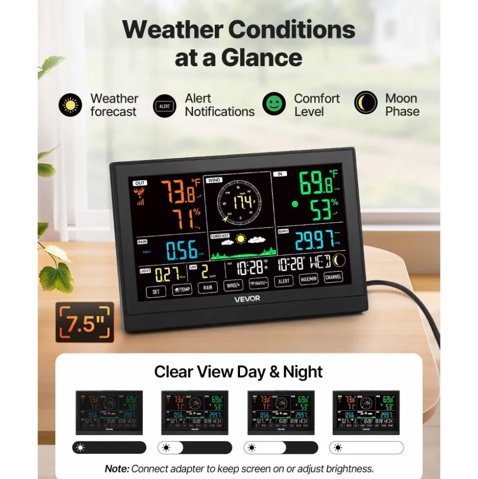 VEVOR 7-in-1 Wi-Fi Weather Station with APP, 7.5-Inch VA Display, Wireless Solar Powered Outdoor Sensor, Rain Gauge, Indoor Outdoor for Weather Forecast, Wind Speed, Temperature, Humidity, Rainfall