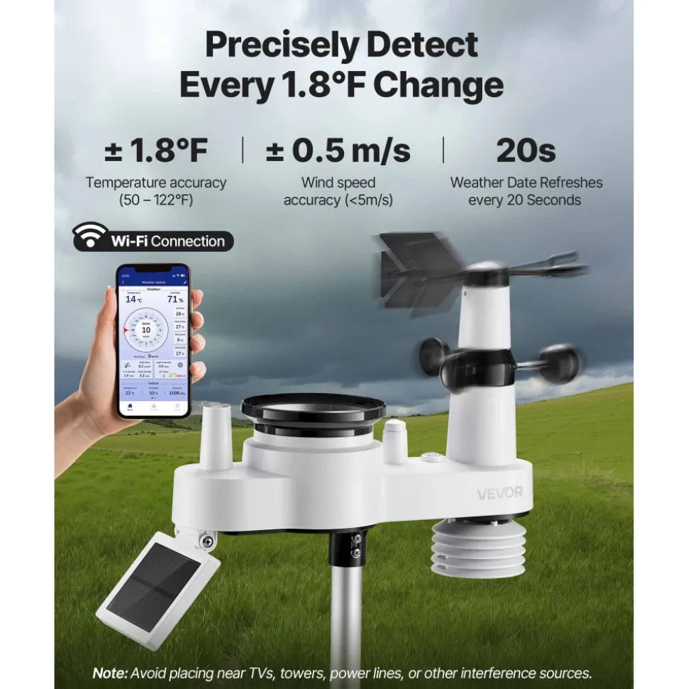 VEVOR 7-in-1 Wi-Fi Weather Station, 7-Inch TFT Display, Wireless Solar Powered Outdoor Sensor, Rain Gauge, Indoor Outdoor for Weather Forecast, Wind Speed Direction, Temperature, Humidity, Rainfall