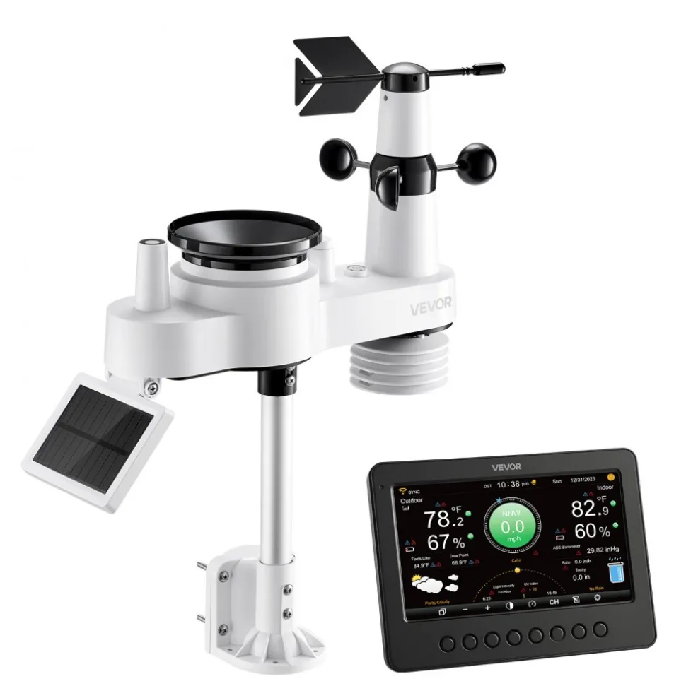 VEVOR 7-in-1 Wi-Fi Weather Station, 7-Inch TFT Display, Wireless Solar Powered Outdoor Sensor, Rain Gauge, Indoor Outdoor for Weather Forecast, Wind Speed Direction, Temperature, Humidity, Rainfall