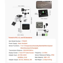 VEVOR 7-in-1 Wi-Fi Weather Station, 7-Inch TFT Display, Wireless Solar Powered Outdoor Sensor, Rain Gauge, Indoor Outdoor for Weather Forecast, Wind Speed Direction, Temperature, Humidity, Rainfall