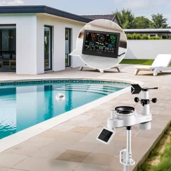 VEVOR 7-in-1 Wi-Fi Weather Station with APP, 7.5 in Display, Wireless Solar Powered Outdoor Sensor, with Pool Thermometer, Rain Gauge, Indoor Outdoor for Weather Forecast, Wind Speed, Pool Temperature