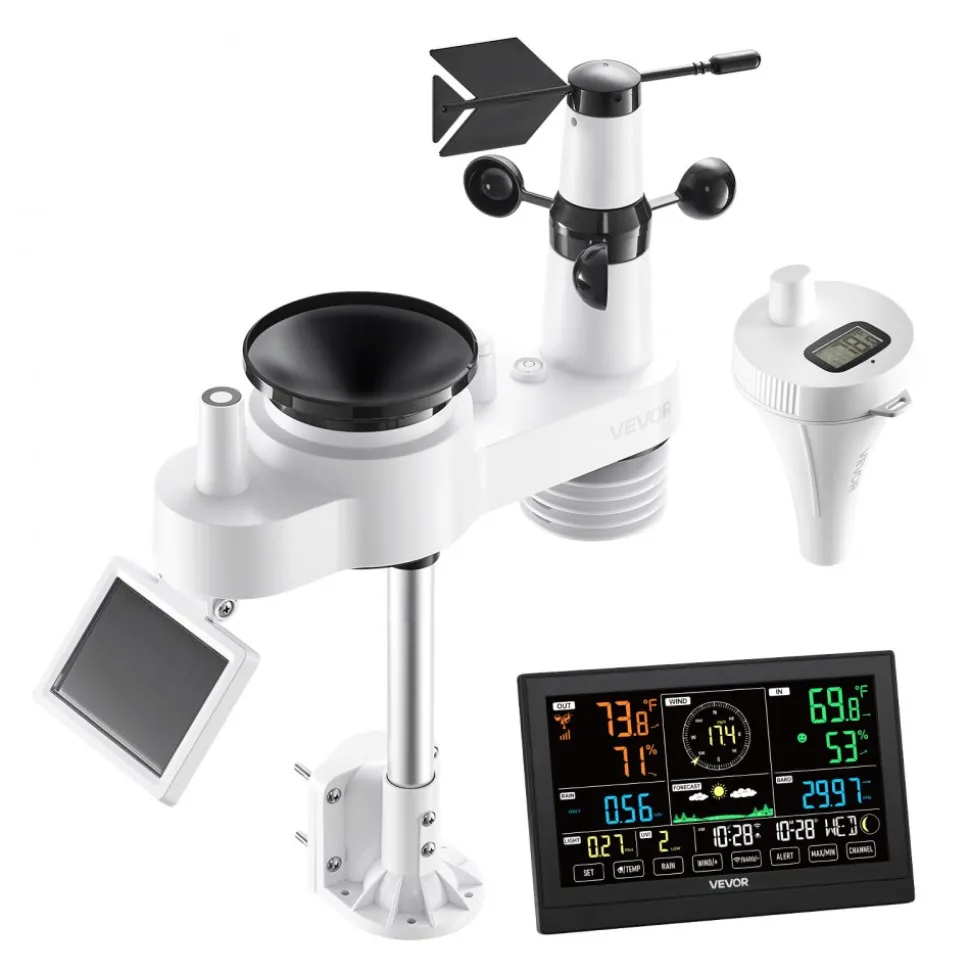 VEVOR 7-in-1 Wi-Fi Weather Station with APP, 7.5 in Display, Wireless Solar Powered Outdoor Sensor, with Pool Thermometer, Rain Gauge, Indoor Outdoor for Weather Forecast, Wind Speed, Pool Temperature