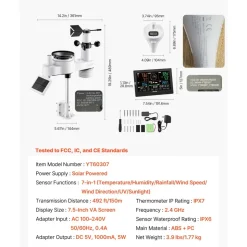 VEVOR 7-in-1 Wi-Fi Weather Station with APP, 7.5 in Display, Wireless Solar Powered Outdoor Sensor, with Pool Thermometer, Rain Gauge, Indoor Outdoor for Weather Forecast, Wind Speed, Pool Temperature