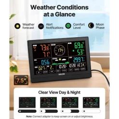 VEVOR 7-in-1 Wi-Fi Weather Station with APP, 7.5 in Display, Wireless Solar Powered Outdoor Sensor, with Pool Thermometer, Rain Gauge, Indoor Outdoor for Weather Forecast, Wind Speed, Pool Temperature