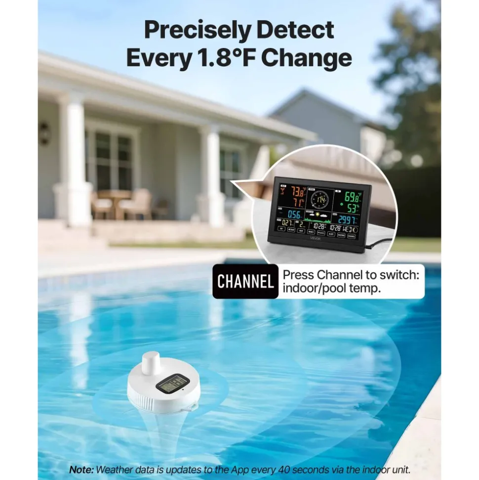 VEVOR 7-in-1 Wi-Fi Weather Station with APP, 7.5 in Display, Wireless Solar Powered Outdoor Sensor, with Pool Thermometer, Rain Gauge, Indoor Outdoor for Weather Forecast, Wind Speed, Pool Temperature