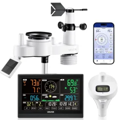 VEVOR 7-in-1 Wi-Fi Weather Station with APP, 7.5 in Display, Wireless Solar Powered Outdoor Sensor, with Pool Thermometer, Rain Gauge, Indoor Outdoor for Weather Forecast, Wind Speed, Pool Temperature