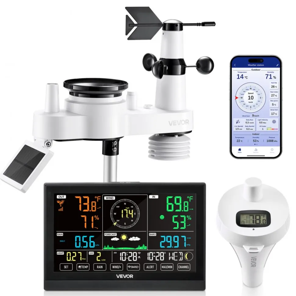 VEVOR 7-in-1 Wi-Fi Weather Station with APP, 7.5 in Display, Wireless Solar Powered Outdoor Sensor, with Pool Thermometer, Rain Gauge, Indoor Outdoor for Weather Forecast, Wind Speed, Pool Temperature