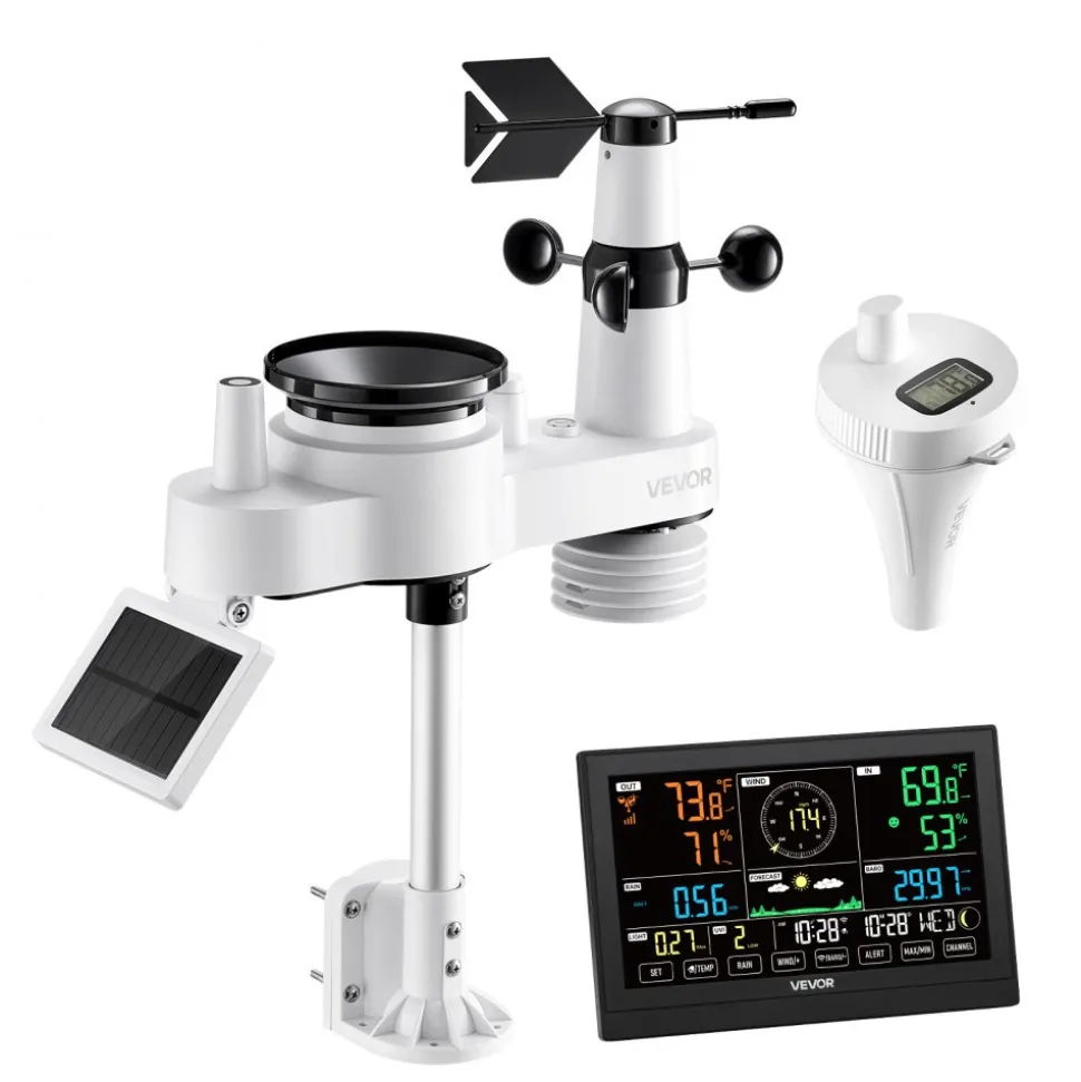VEVOR 7-in-1 Wi-Fi Weather Station with APP, 7.5 in Display, Wireless Solar Powered Outdoor Sensor, with Pool Thermometer, Rain Gauge, Indoor Outdoor for Weather Forecast, Wind Speed, Pool Temperature