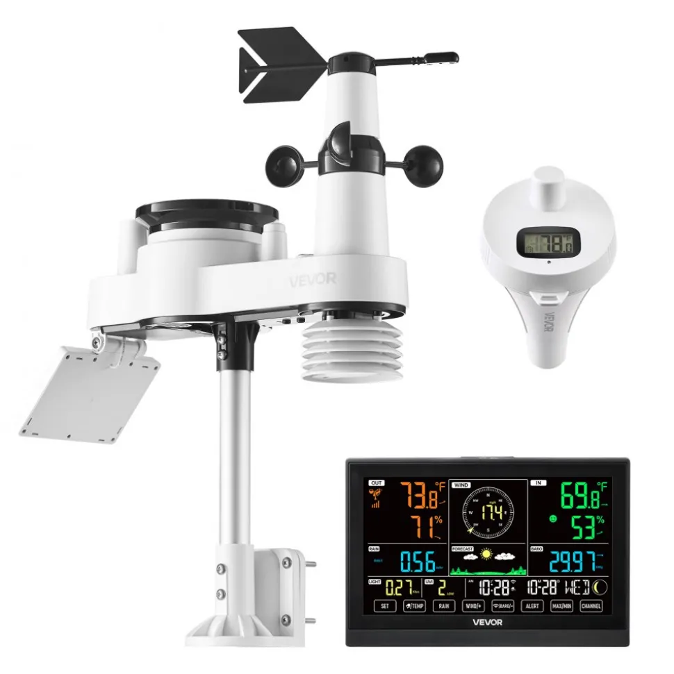 VEVOR 7-in-1 Wi-Fi Weather Station with APP, 7.5 in Display, Wireless Solar Powered Outdoor Sensor, with Pool Thermometer, Rain Gauge, Indoor Outdoor for Weather Forecast, Wind Speed, Pool Temperature