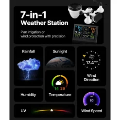 VEVOR 5-in-1 Wi-Fi Weather Station, 7.5-Inch VA Display, Wireless Solar Powered Outdoor Sensor, Rain Gauge, Indoor Outdoor for Weather Forecast, Wind Speed Direction, Temperature, Humidity, Rainfall