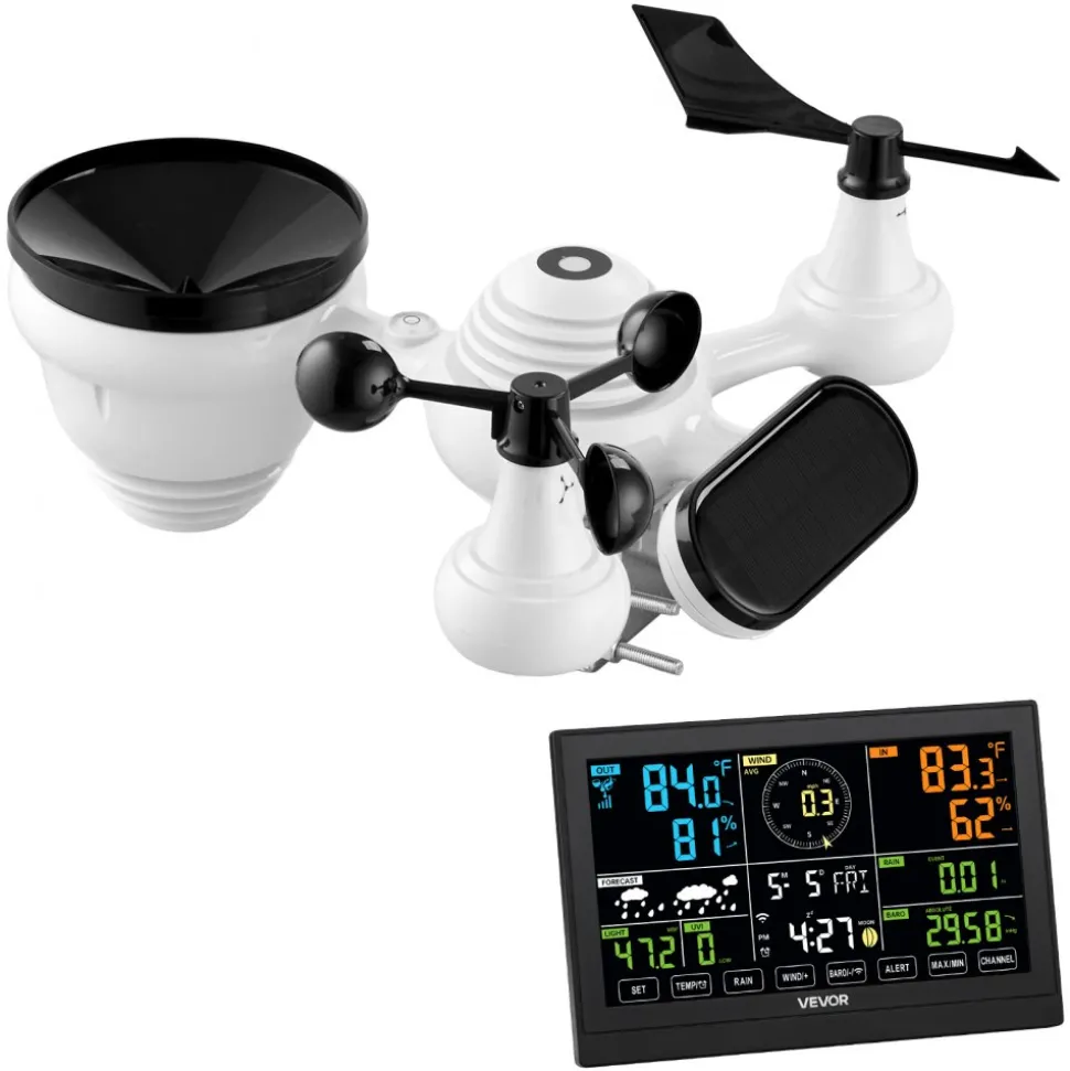 VEVOR 7-in-1 Wi-Fi Weather Station, 7.5-Inch VA Display, Solar Powered Wireless Outdoor Sensor, Home Weather Station Indoor Outdoor, for Temperature, Humidity, Wind Speed/Direction, Rainfall, No APP
