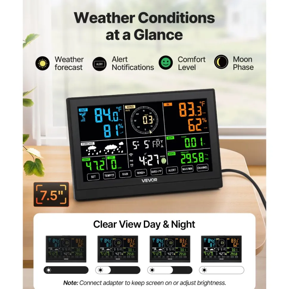 VEVOR 7-in-1 Wi-Fi Weather Station, 7.5-Inch VA Display, Solar Powered Wireless Outdoor Sensor, Home Weather Station Indoor Outdoor, for Temperature, Humidity, Wind Speed/Direction, Rainfall, No APP