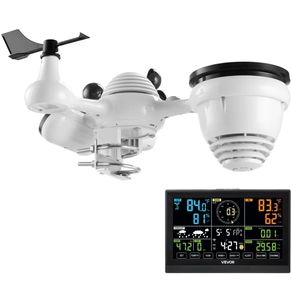 VEVOR 7-in-1 Wi-Fi Weather Station, 7.5-Inch VA Display, Solar Powered Wireless Outdoor Sensor, Home Weather Station Indoor Outdoor, for Temperature, Humidity, Wind Speed/Direction, Rainfall, No APP