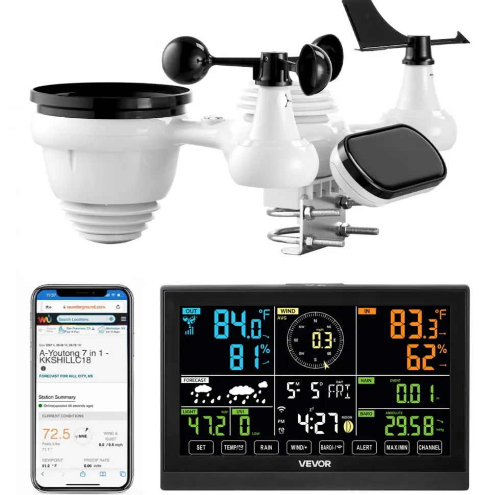 VEVOR 7-in-1 Wi-Fi Weather Station, 7.5-Inch VA Display, Solar Powered Wireless Outdoor Sensor, Home Weather Station Indoor Outdoor, for Temperature, Humidity, Wind Speed/Direction, Rainfall, No APP