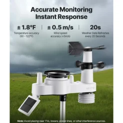 VEVOR 7-in-1 Wireless Weather Station, 7.5-Inch VA Display, Solar Powered Outdoor Sensor, Rain Gauge, Indoor Outdoor for Weather Forecast, Temperature, Humidity, Wind Speed and Direction (No WiFi)