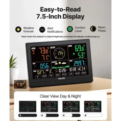 VEVOR 7-in-1 Wireless Weather Station, 7.5-Inch VA Display, Solar Powered Outdoor Sensor, Rain Gauge, Indoor Outdoor for Weather Forecast, Temperature, Humidity, Wind Speed and Direction (No WiFi)