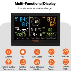 VEVOR 7-in-1 Wireless Weather Station, 7.5 in Color Display, Digital Weather Station Indoor Outdoor, for Temperature Humidity Wind Speed/Direction Rain UV, with Forecast Data, Alarm, Alerts-NO WIFI