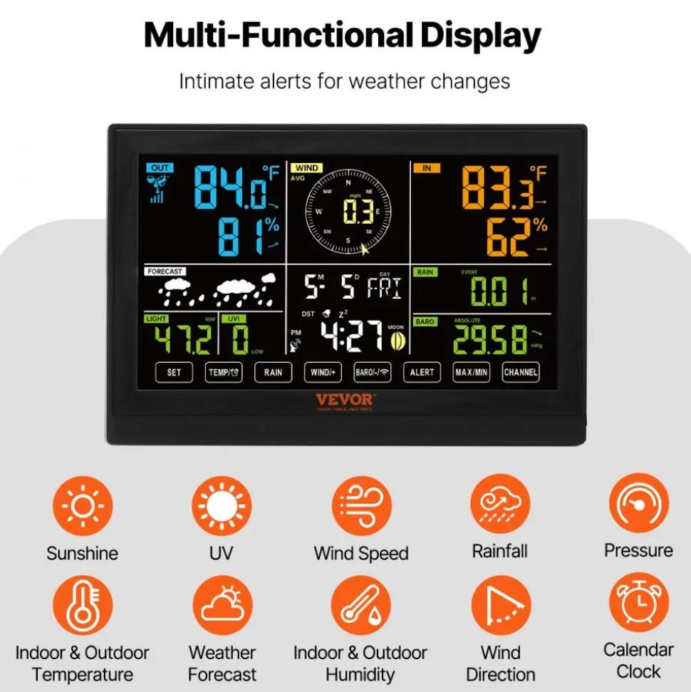 VEVOR 7-in-1 Wireless Weather Station, 7.5 in Color Display, Digital Weather Station Indoor Outdoor, for Temperature Humidity Wind Speed/Direction Rain UV, with Forecast Data, Alarm, Alerts-NO WIFI