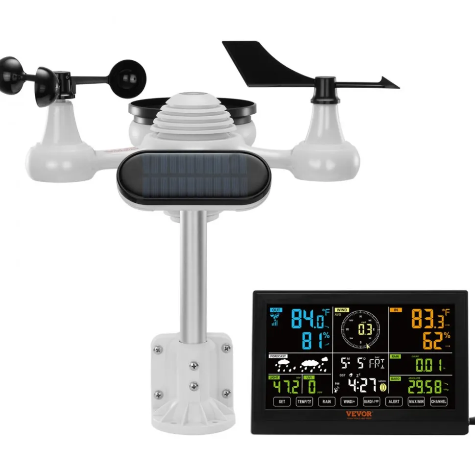 VEVOR 7-in-1 Wireless Weather Station, 7.5 in Color Display, Digital Weather Station Indoor Outdoor, for Temperature Humidity Wind Speed/Direction Rain UV, with Forecast Data, Alarm, Alerts-NO WIFI