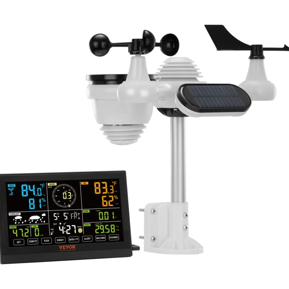 VEVOR 7-in-1 Wireless Weather Station, 7.5 in Color Display, Digital Weather Station Indoor Outdoor, for Temperature Humidity Wind Speed/Direction Rain UV, with Forecast Data, Alarm, Alerts-NO WIFI