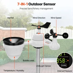 VEVOR 7-in-1 Wireless Weather Station, 7.5 in Color Display, Digital Weather Station Indoor Outdoor, for Temperature Humidity Wind Speed/Direction Rain UV, with Forecast Data, Alarm, Alerts-NO WIFI