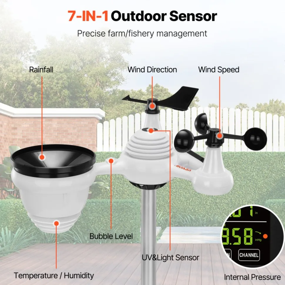 VEVOR 7-in-1 Wireless Weather Station, 7.5 in Color Display, Digital Weather Station Indoor Outdoor, for Temperature Humidity Wind Speed/Direction Rain UV, with Forecast Data, Alarm, Alerts-NO WIFI