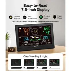 VEVOR 5-in-1 Wireless Weather Station, 7.5-Inch VA Display, Solar Powered Outdoor Sensor, Rain Gauge, Indoor Outdoor for Weather Forecast, Temperature, Humidity, Wind Speed and Direction (No WiFi)