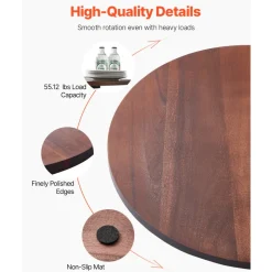 VEVOR 24 in Wood Lazy Susan Turntable, 360° Rotation Round Clear Tabletop Rotating Tray, Acacia Wood Dining Table Centerpiece, Smooth and Silent Spin, for Family Gatherings, Banquets and Weddings