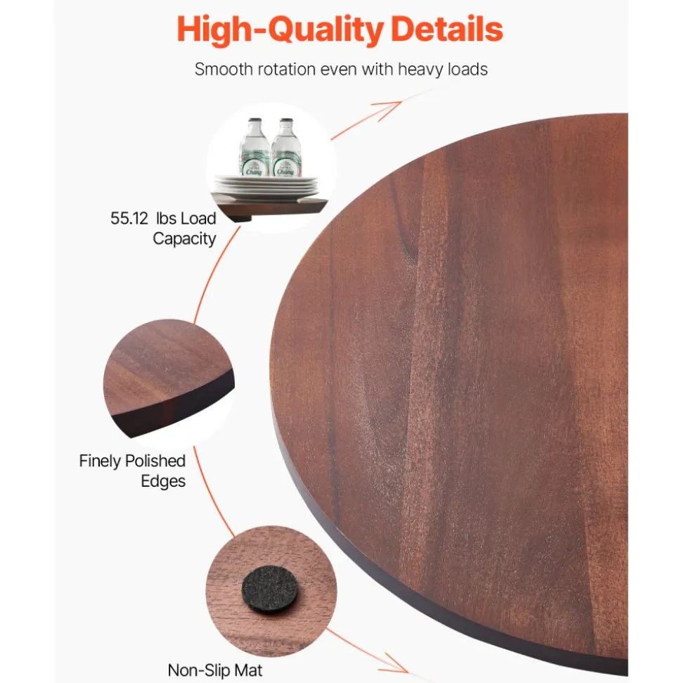 VEVOR 24 in Wood Lazy Susan Turntable, 360° Rotation Round Clear Tabletop Rotating Tray, Acacia Wood Dining Table Centerpiece, Smooth and Silent Spin, for Family Gatherings, Banquets and Weddings