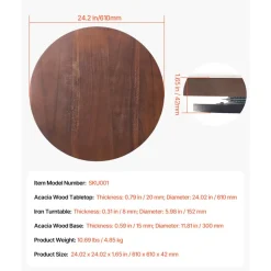 VEVOR 24 in Wood Lazy Susan Turntable, 360° Rotation Round Clear Tabletop Rotating Tray, Acacia Wood Dining Table Centerpiece, Smooth and Silent Spin, for Family Gatherings, Banquets and Weddings