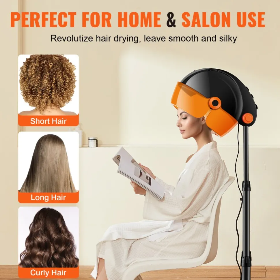 VEVOR Ionic Hood Dryer, 1875W Pro Bonnet Hair Dryer, Timer, 3 Temperature Levels & Adjustable Speed, Mobile Floor Stand with Wheels for Salon & Home Spa