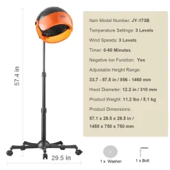 VEVOR Ionic Hood Dryer, 1875W Pro Bonnet Hair Dryer, Timer, 3 Temperature Levels & Adjustable Speed, Mobile Floor Stand with Wheels for Salon & Home Spa
